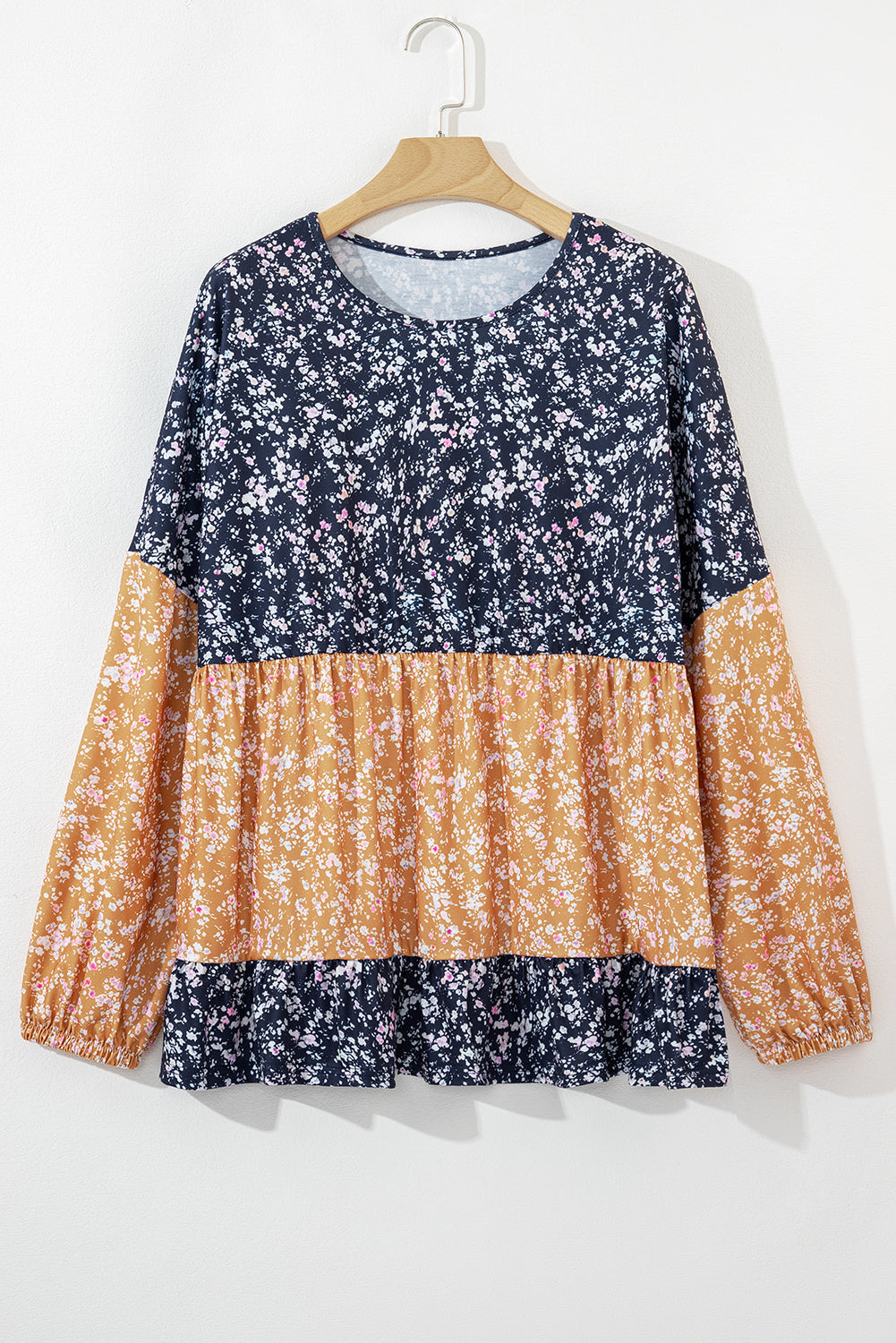 Cecilia Floral Ruffled Hem Round Neck Blouse - Threaded Pear