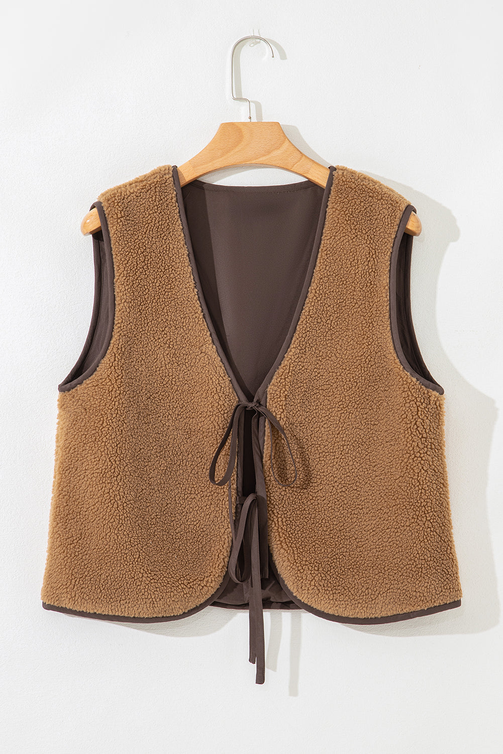 Nicole Contrast Trim Tie Front Sherpa Vest - Threaded Pear