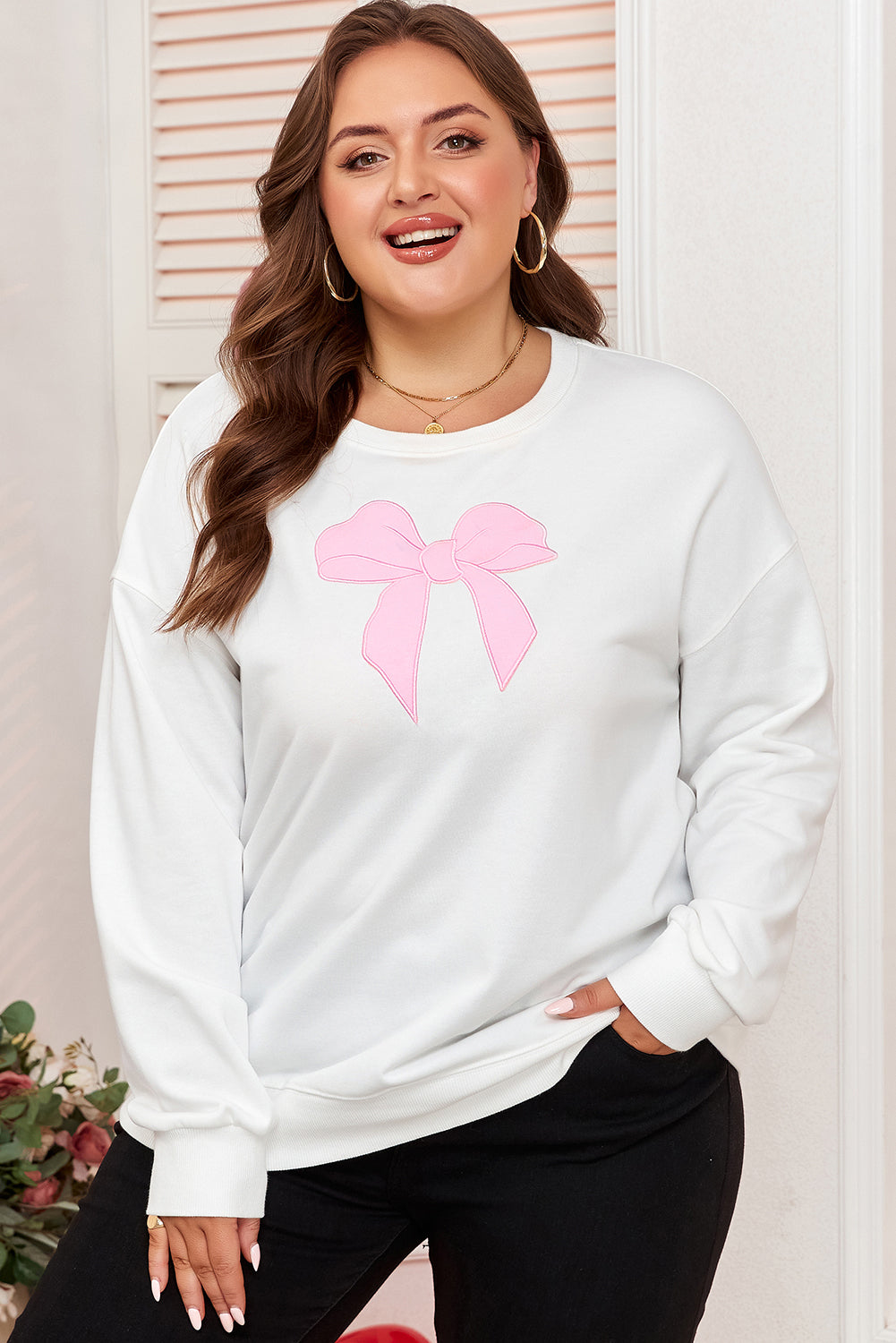 Beige Big Bow Accent Plus Size Drop Shoulder Sweatshirt - Threaded Pear