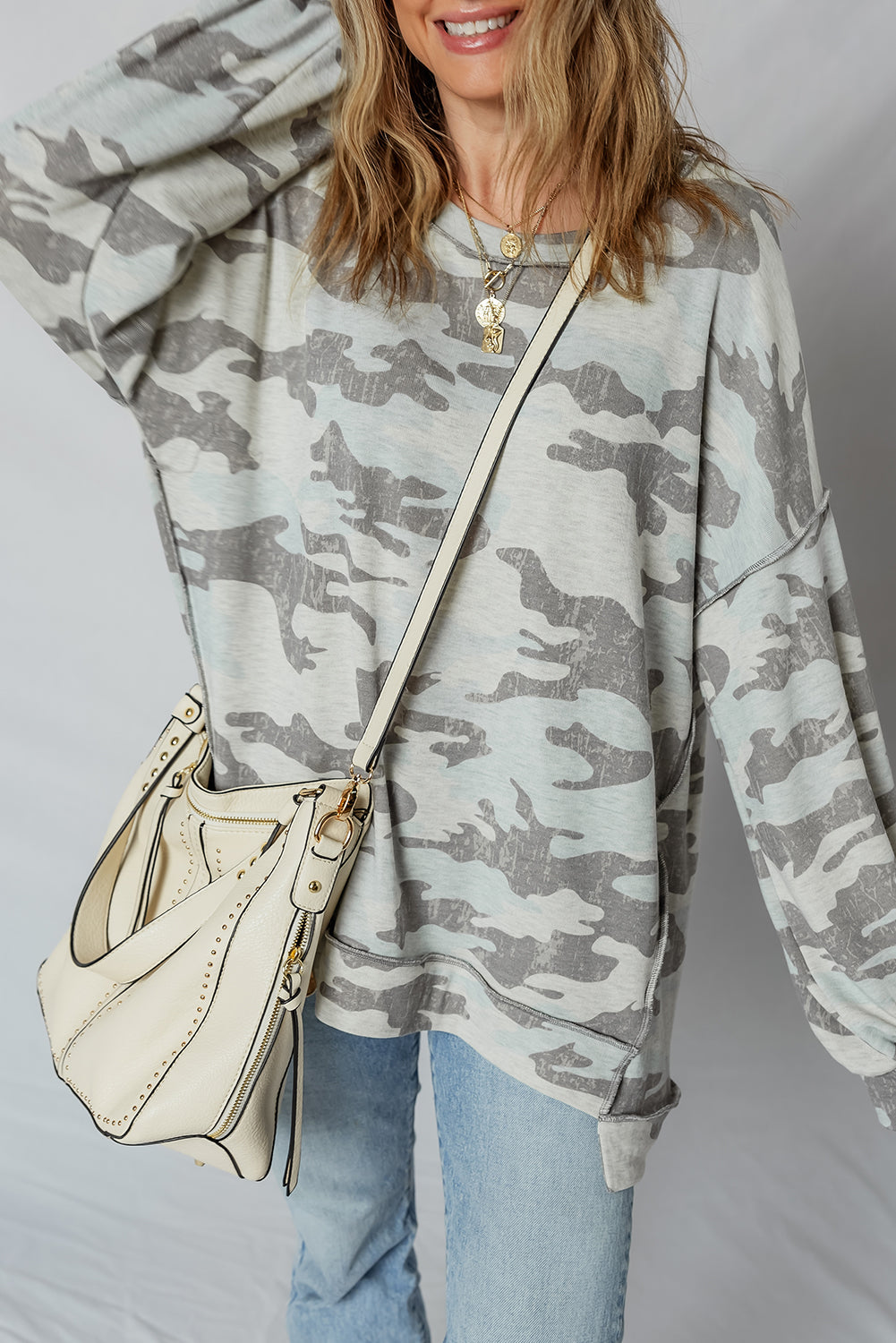 Retro Camouflage Exposed Seam Sweatshirt - Threaded Pear