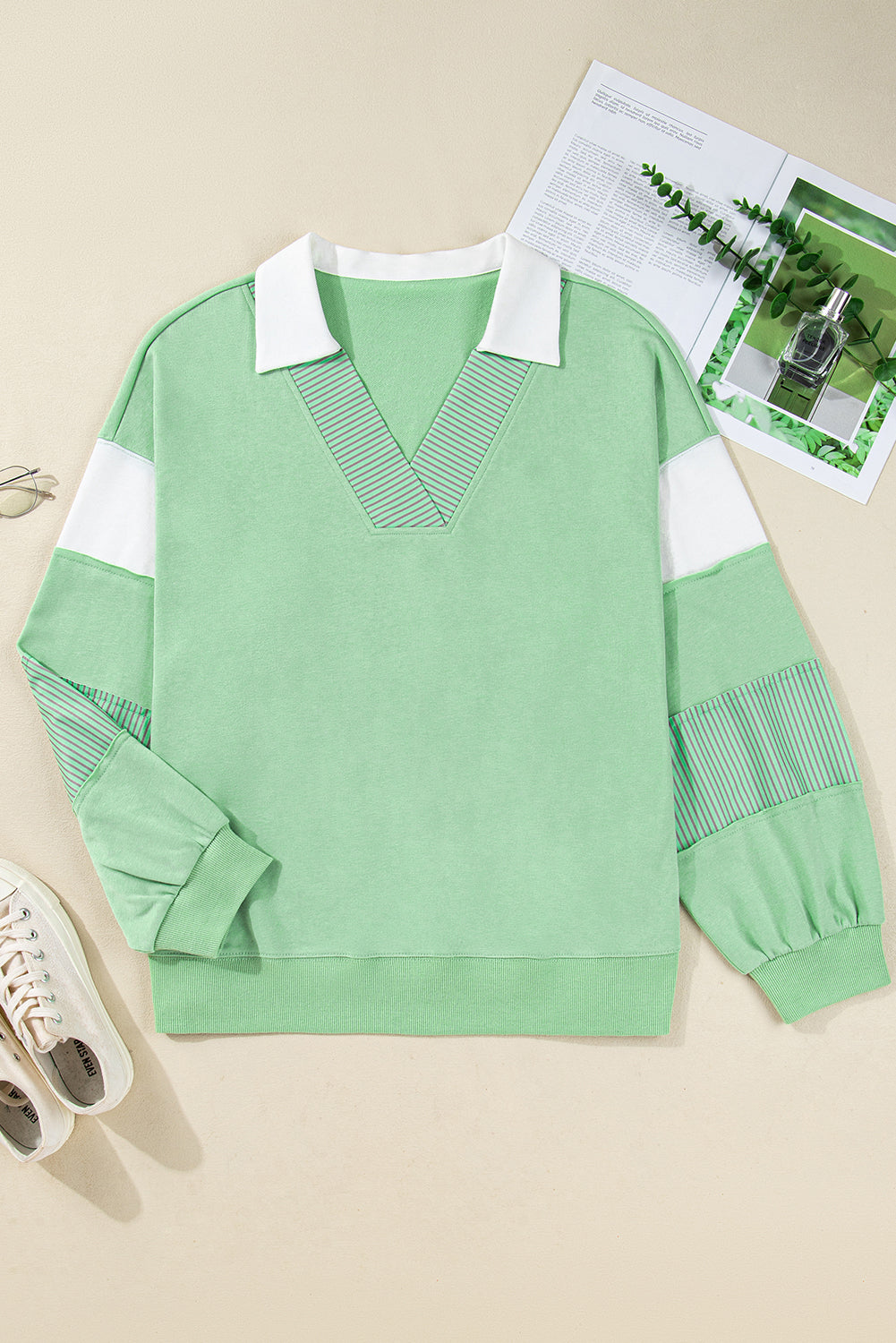 Moonlight Jade Color Block Striped Patchwork Collar V Neck Plus Size Sweatshirt - Threaded Pear