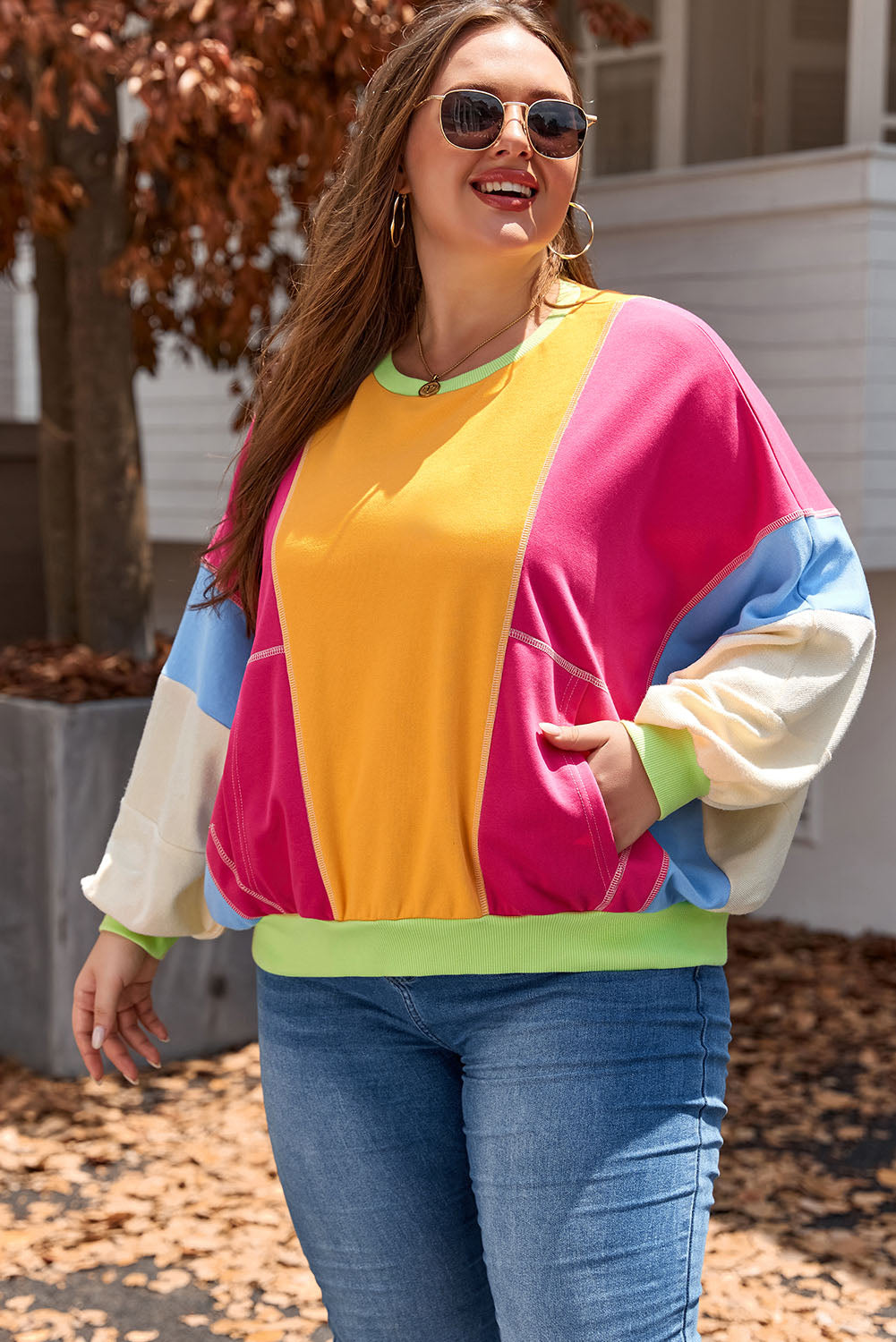 Rose Red Plus Size Colorblock Patchwork Exposed Seam Sweatshirt - Threaded Pear
