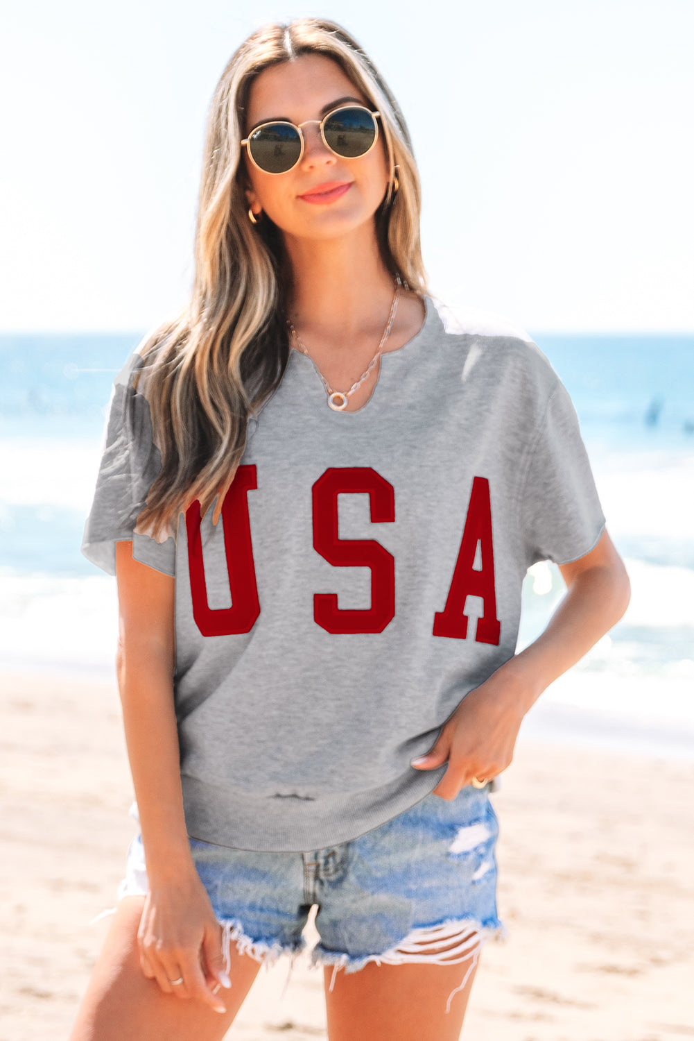 USA Patch Notched Neck Loose Tee - Threaded Pear
