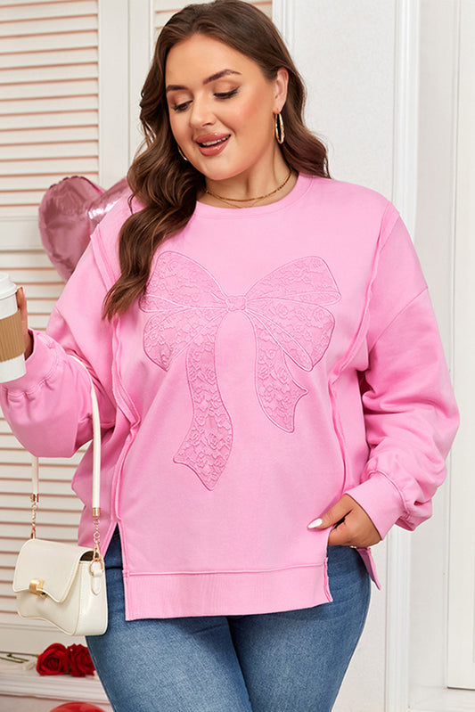 Pink Big Bow Lace Embroidered Dolman Sleeve Slit Plus Size Sweatshirt - Threaded Pear