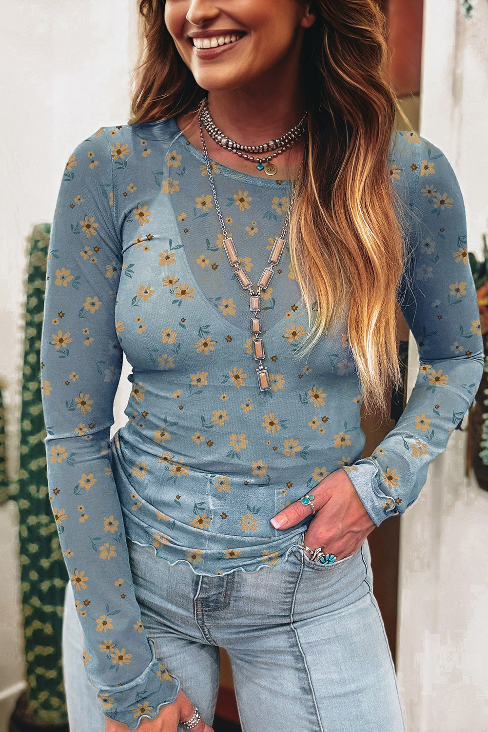 Amber Vintage Floral Mesh Long Sleeve Top - Threaded Pear