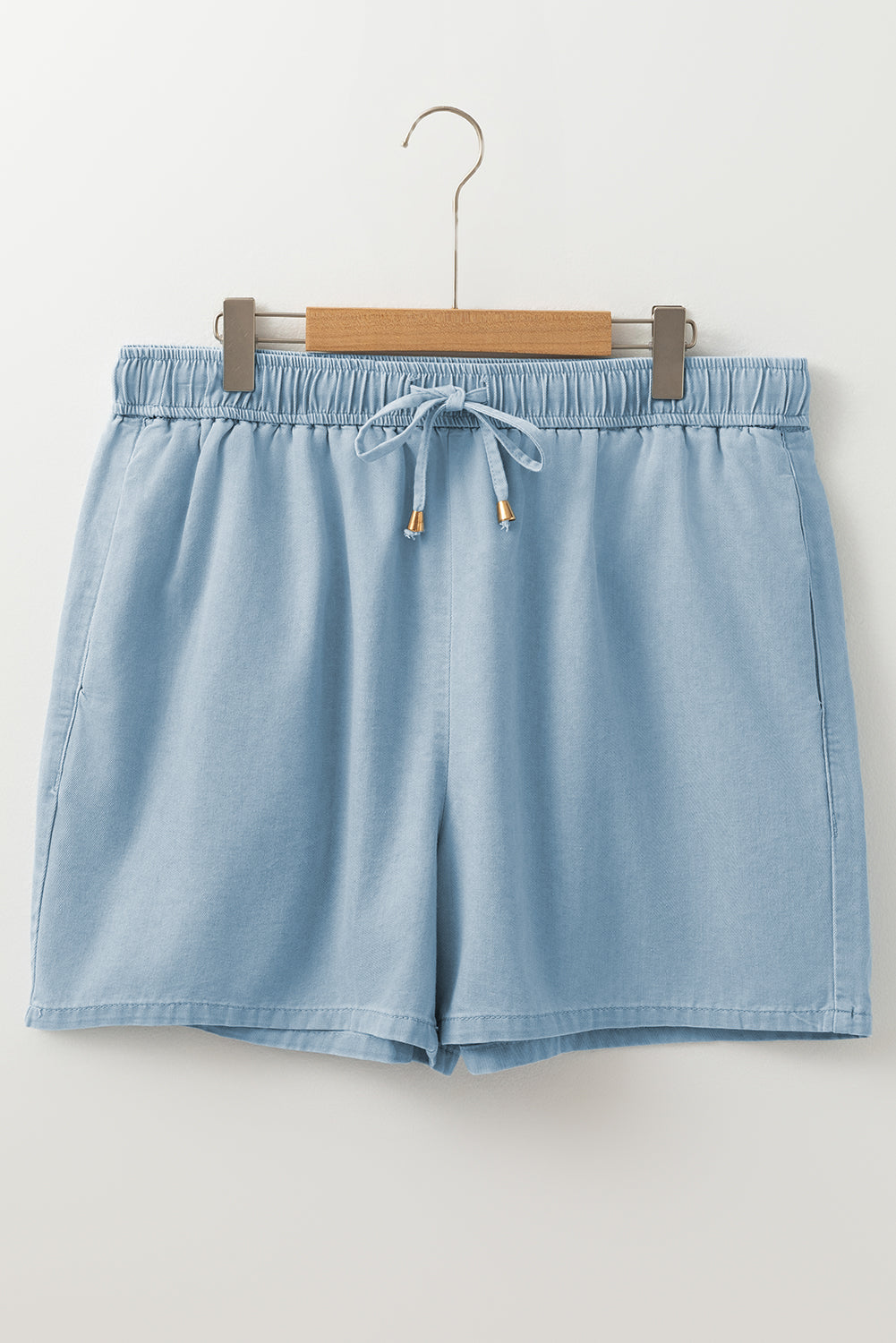 Beau Blue Washed Chambray Drawstring Elastic Waist Plus Size Shorts - Threaded Pear