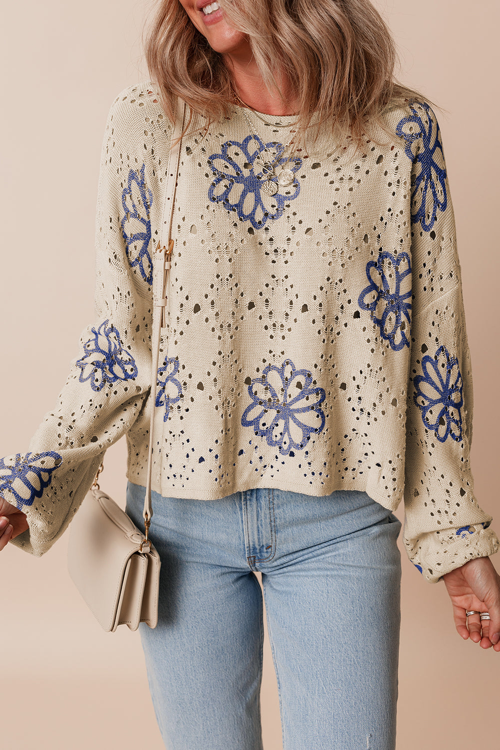 Harper Eyelet Drop Shoulder Sweater - Threaded Pear