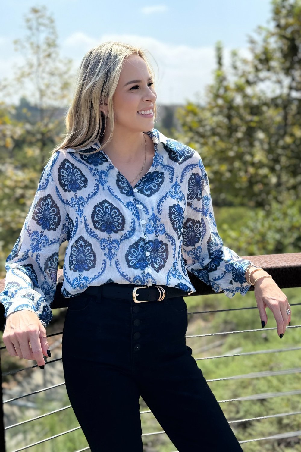 Mila Pattern Button Top - Threaded Pear