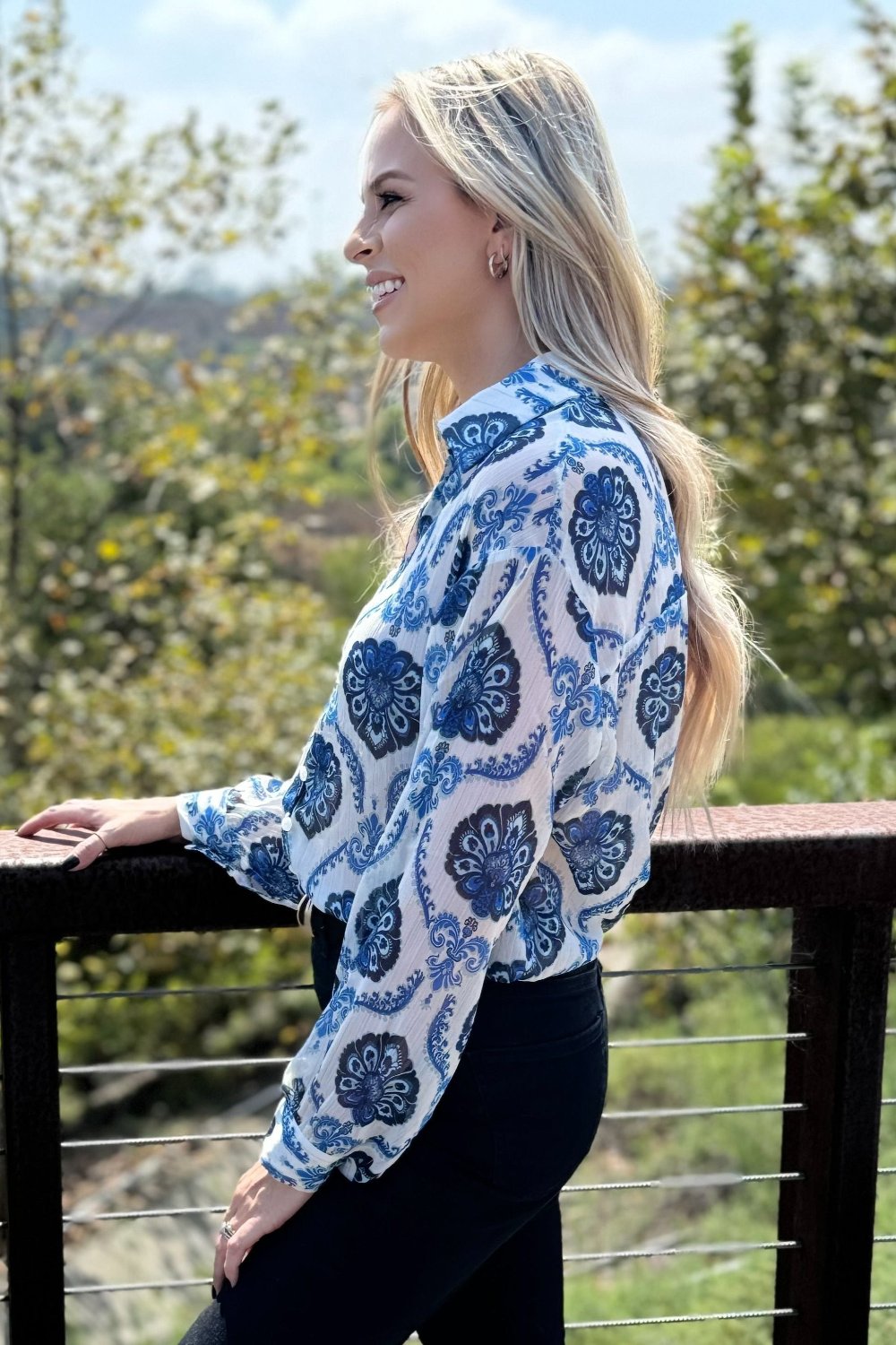 Mila Pattern Button Top - Threaded Pear