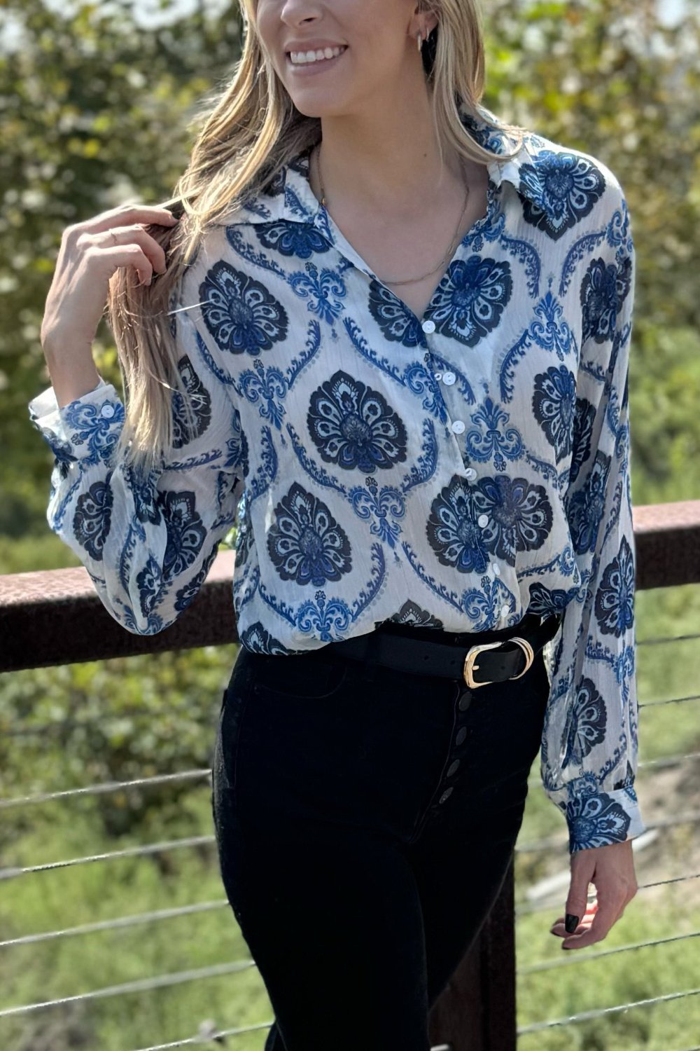 Mila Pattern Button Top - Threaded Pear