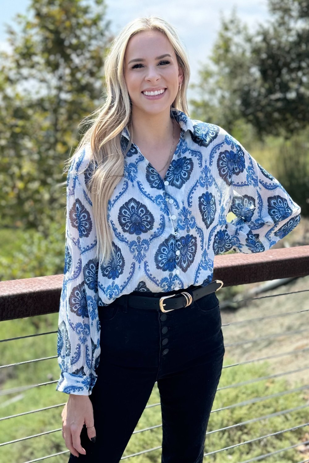 Mila Pattern Button Top - Threaded Pear