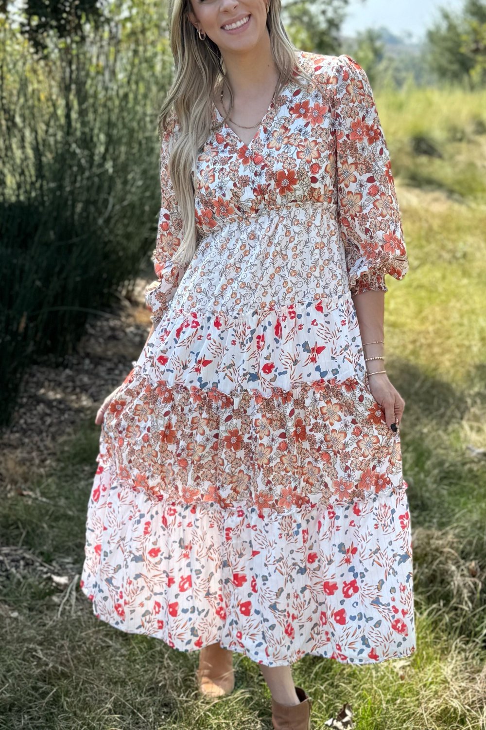 Lily Floral Ruffled Tiered Midi Dress - Threaded Pear