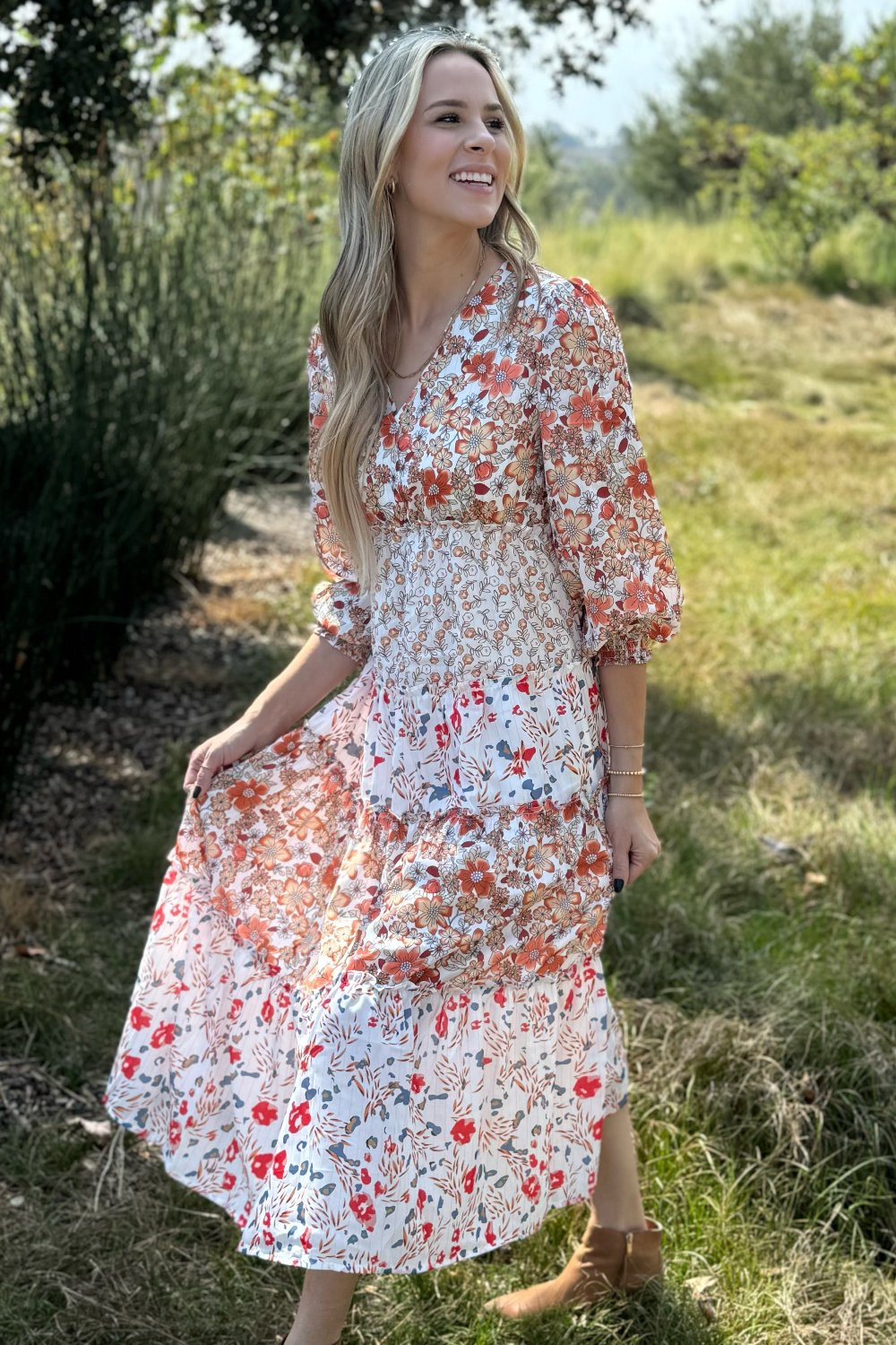 Lily Floral Ruffled Tiered Midi Dress - Threaded Pear