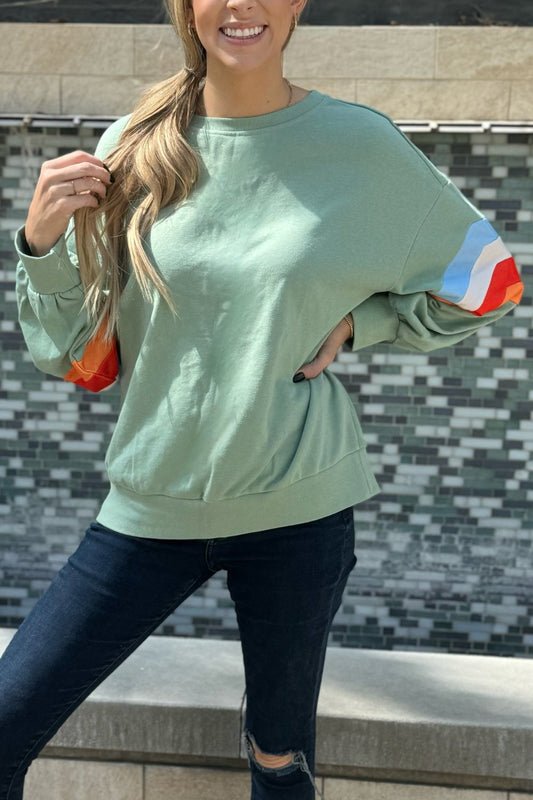 Ella Striped Sleeve Loose Sweatshirt - Threaded Pear