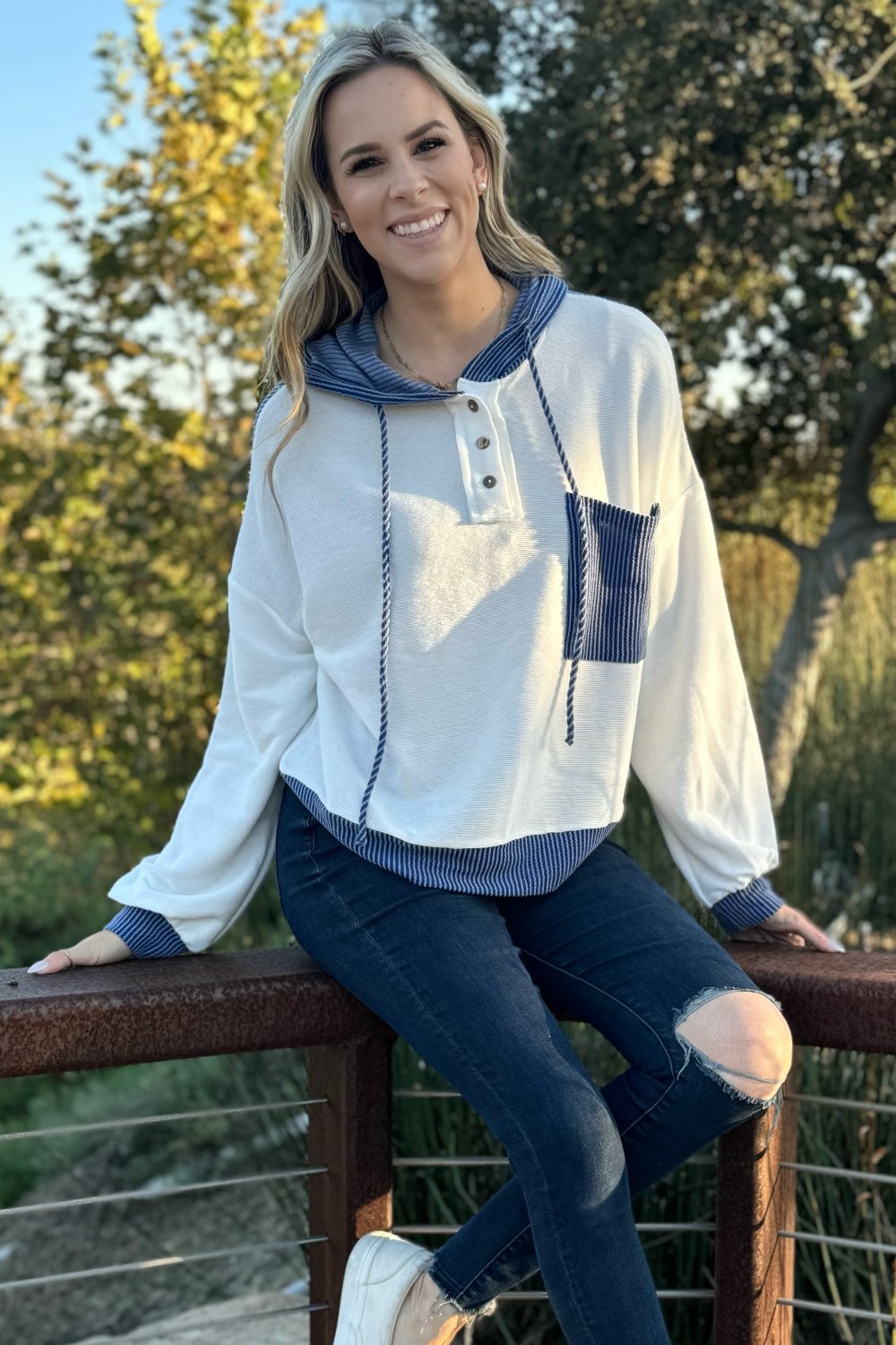 Millie Drawstring Hooded Top - Threaded Pear