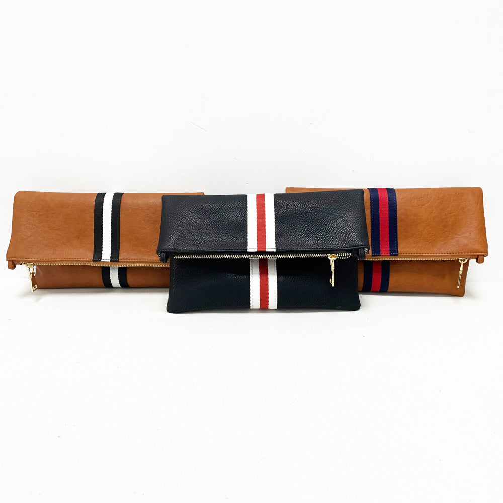Clare V. Wallet Clutch Camel Nubuck with Black and White Stripe & Stripes